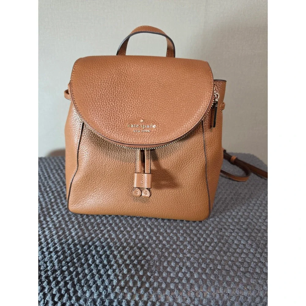 Kate Spade New York Pebbled Leather Backpack Ginger Tea Brown Drawstring Flap